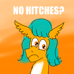 Size: 3200x3200 | Tagged: safe, artist:horsesplease, hitch trailblazer, earth pony, pony, series:ask failblazer, g5, high res, irony, looking at you, meme, no bitches?, pun, sad, sad hitch, shaped like itself, solo, wordplay