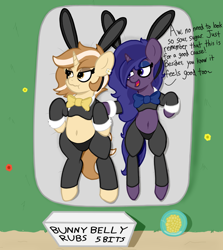 Size: 2300x2580 | Tagged: safe, artist:jerkface, oc, oc:latte luxury, oc:love bug, pony, unicorn, belly, belly button, bellyrubs, bunny ears, bunny suit, clothes, duo, duo female, female, high res, mare, mattress, ponerpics import, ponybooru import, reverse bunny suit