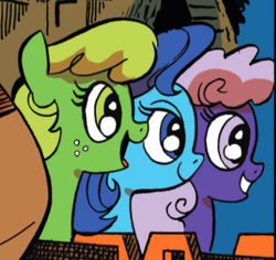 Size: 428x404 | Tagged: safe, idw, official comic, fuzzy grapes, poolside punch, zesty pickle, earth pony, pony, friendship is magic #10, g4, my little pony: friendship is magic (idw), zen and the art of gazebo repair, spoiler:comic, cropped, trio