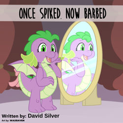 Size: 1000x1000 | Tagged: safe, artist:waxraven, spike, dragon, fanfic:once spiked now barbed, g4, barb, curtains, fanfic, fanfic art, fanfic cover, female, mirror, smiling, text, trans female, transgender, winged spike, wings