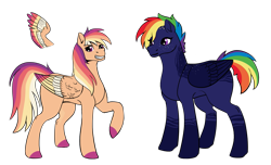 Size: 1403x852 | Tagged: safe, alternate version, artist:moonlight-doodles, oc, oc only, oc:comet blaze, oc:nightsky, pegasus, pony, bandage, duo, female, magical lesbian spawn, offspring, parent:rainbow dash, parent:scootaloo, parents:scootadash, siblings, simple background, smiling, transparent background