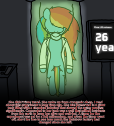 Size: 3023x3351 | Tagged: safe, artist:professorventurer, rainbow dash, oc, oc:enrique, pony, fanfic:rainbow factory, series:ask pippamena, g4, backstory, clothes, cryogenic sleep, experiment, fanfic art, flashback, high res, lab coat, laboratory, long mane, lore, rainbow factory dash, tank (container)