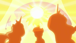 Size: 1920x1080 | Tagged: safe, screencap, princess celestia, princess luna, twilight sparkle, alicorn, pony, g4, the summer sun setback, silhouette, summer sun celebration, sun, twilight sparkle (alicorn)