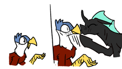 Size: 749x423 | Tagged: safe, artist:dinexistente, oc, oc:camgriff, changeling, griffon, gay, kissing, male, simple background, white background