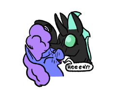 Size: 484x410 | Tagged: safe, artist:dinexistente, oc, oc only, changeling, earth pony, pony, blushing, bust, cheek kiss, dialogue, eyes closed, gay, kissing, male, oc x oc, shipping, simple background, speech bubble, white background