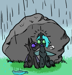 Size: 549x571 | Tagged: safe, artist:dinexistente, oc, oc only, changeling, changeling oc, duo, kissing, rain, rock