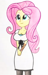 Size: 2608x4025 | Tagged: safe, artist:count oxymagomedov sear, derpibooru exclusive, fluttershy, human, equestria girls, g4, akizuki marina, breasts, busty fluttershy, clothes, cute, dress, eyebrows, eyeshadow, female, high res, makeup, oni chichi, shyabetes, simple background, smiling, solo, traditional art, white background