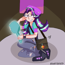 Size: 600x600 | Tagged: safe, artist:nightskyees, starlight glimmer, human, unicorn, equestria girls, equestria girls specials, g4, my little pony equestria girls: mirror magic, arts, beanie, big eyes, breasts, clothes, hat, humanized, jacket, mirror, pants, scene interpretation, shading, shoes, sneakers, solo, sunset shimmer cutie mark, torn clothes