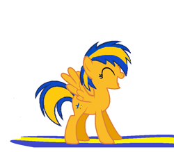Size: 800x700 | Tagged: safe, artist:mlpfan3991, oc, oc only, oc:flare spark, pegasus, pony, g4, female, female oc, happy, mare, mare oc, pegasus oc, pony oc, simple background, solo, surfboard, surfing, white background, yellow coat