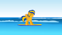 Size: 1920x1080 | Tagged: safe, artist:mlpfan3991, oc, oc only, oc:flare spark, pegasus, pony, g4, female, female oc, happy, mare, mare oc, ocean, pegasus oc, pony oc, solo, surfboard, surfing, water, wave, yellow coat