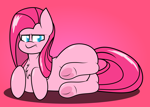 Size: 1280x912 | Tagged: safe, artist:isaac_pony, pinkie pie, cat, earth pony, pony, g4, angry, female, frog (hoof), hoofbutt, hooves, lying down, on side, pink background, pinkamena diane pie, simple background, solo, stomach, tail, underhoof
