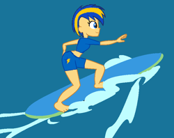 Size: 740x586 | Tagged: safe, artist:mlpfan3991, oc, oc only, oc:flare spark, human, equestria girls, g4, bikini, bikini bottom, bikini top, clothes, female, summer, surfboard, surfing, swimsuit, wave