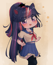 Size: 1509x1849 | Tagged: safe, artist:ponchik_art, twilight sparkle, human, equestria girls, g4, chibi, clothes, cute, ear fluff, female, hime cut, horn, horned humanization, humanized, miniskirt, nail polish, open mouth, open smile, ponytail, school uniform, simple background, skirt, smiling, socks, solo, stars, thigh highs, thigh socks, twiabetes