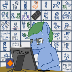 Size: 1575x1575 | Tagged: safe, artist:phallen1, oc, oc only, oc:software patch, earth pony, pony, atg 2023, coffee mug, drawing tablet, glasses, mug, newbie artist training grounds, quilt, sketch, sketch dump, sweat