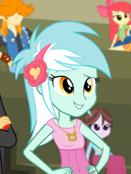 Size: 1200x1589 | Tagged: safe, screencap, apple bloom, flash sentry, lyra heartstrings, valhallen, velvet sky, human, equestria girls, g4, cropped, crossed arms, female, hand on hip, male, offscreen character, smiling
