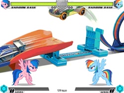 Size: 994x746 | Tagged: safe, artist:tom artista, rainbow dash, pegasus, pony, fighting is magic, g4, car, crossover, fan game, game, hot wheels, jumping, race, race track, racing, recolor, toy, track, tracks