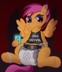 Size: 2953x3400 | Tagged: safe, artist:sweetielover, scootaloo, pegasus, pony, g4, adolescence, bracelet, cellphone, clothes, cross, dark, diaper, diaper fetish, ear piercing, earring, emo, female, fetish, headphones, high res, inverted cross, jewelry, mare, metal, metalhead, non-baby in diaper, nose piercing, older, older scootaloo, pentagram, phone, piercing, punk, satanic, scootapunk, shirt, simple background, skull, solo, spread legs, spread wings, spreading, wings
