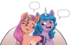 Size: 943x605 | Tagged: safe, artist:amy mebberson, edit, idw, izzy moonbow, sunny starscout, earth pony, pony, unicorn, g5, spoiler:comic, spoiler:comic40thanniversary, spoiler:g5comic, cropped, duo, female, mane stripe sunny, mare, meme template, out of context, shipping fuel, simple background, speech bubble, transparent background