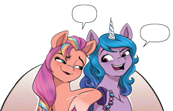 Size: 943x605 | Tagged: safe, artist:amy mebberson, edit, idw, izzy moonbow, sunny starscout, earth pony, pony, unicorn, g5, my little pony 40th anniversary special, spoiler:comic, spoiler:g5comic, cropped, duo, female, mane stripe sunny, mare, meme template, out of context, shipping fuel, simple background, speech bubble, transparent background