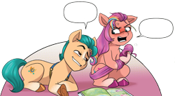 Size: 1071x588 | Tagged: safe, artist:amy mebberson, edit, idw, hitch trailblazer, sunny starscout, earth pony, pony, g5, my little pony 40th anniversary special, spoiler:comic, spoiler:g5comic, angry, book, cropped, duo, embarrassed, female, hug, male, mane stripe sunny, mare, meme template, out of context, shipping fuel, simple background, speech bubble, stallion, tail, tail hug, tail pull, teasing, transparent background, tsundere