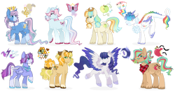 Size: 1237x646 | Tagged: safe, artist:blazenly-obvious, oc, oc only, oc:apple crunch, oc:apple threads, oc:cloudy eve, oc:flutter tricks, oc:harmonious tune, oc:honey pie, oc:royal night, oc:wildcard blitz, earth pony, hybrid, pegasus, pony, unicorn, bald face, bandana, beard, blaze (coat marking), bow, clothes, coat markings, colored wings, cowboy hat, earth pony oc, ethereal mane, facial hair, facial markings, female, freckles, hair over eyes, hat, horn, interspecies offspring, magical lesbian spawn, male, mare, moustache, multicolored wings, offspring, parent:applejack, parent:big macintosh, parent:cheese sandwich, parent:coco pommel, parent:discord, parent:fluttershy, parent:pinkie pie, parent:princess cadance, parent:princess luna, parent:rainbow dash, parent:rarity, parent:shining armor, parent:trixie, parent:twilight sparkle, parents:cheesepie, parents:cocojack, parents:discodash, parents:fluttermac, parents:rariluna, parents:shiningcadance, parents:trixieshy, parents:twidash, pegasus oc, plaid, simple background, socks, socks (coat markings), spread wings, stallion, starry mane, starry wings, tail, tail bow, tongue out, transparent background, unicorn oc, unshorn fetlocks, wings