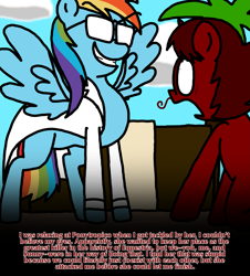 Size: 3023x3351 | Tagged: safe, artist:professorventurer, rainbow dash, oc, oc:enrique, pegasus, pony, fanfic:rainbow factory, series:ask pippamena, g4, backstory, fanfic art, flashback, high res, hot tub, low angle, palm tree, rainbow factory dash, tree