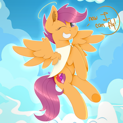 Size: 1600x1600 | Tagged: safe, artist:kathepart, scootaloo, angel, pegasus, pony, g4, aura, bittersweet, dialogue, female, flying, halo, implied death, looking at you, one eye closed, sky, smiling, smiling at you, solo, spread wings, the cmc's cutie marks, the implications are horrible, wings, wink