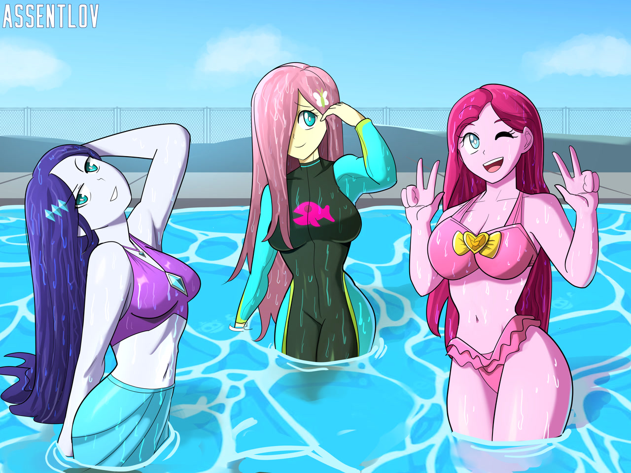[beautiful,clothes,commission,equestria girls,female,fluttershy,pinkamena diane pie,pinkie pie,rarity,safe,swimming pool,swimsuit,trio,wet hair,wet hairity,trio female,partially submerged,legs together,artist:assentlov,legs in the water]