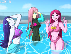Size: 7200x5400 | Tagged: safe, artist:assentlov, fluttershy, pinkie pie, rarity, human, equestria girls, g4, beautiful, breasts, busty pinkie pie, cleavage, clothes, commission, female, legs in the water, legs together, partially submerged, pinkamena diane pie, sarong, swimming pool, swimsuit, trio, trio female, wet hair, wet hairity