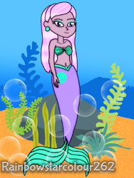 Size: 1536x2048 | Tagged: safe, artist:rainbowstarcolour262, oc, oc only, oc:zina pearl, mermaid, equestria girls, g4, bare shoulders, belly button, belly piercing, bellyring, bra, breasts, bubble, cleavage, clothes, ear piercing, earring, eyeshadow, female, fish tail, jewelry, makeup, mermaid tail, mermaidized, obtrusive watermark, piercing, purple eyes, rock, seashell bra, seaweed, signature, solo, species swap, strapless, tail, underwater, underwear, water, watermark