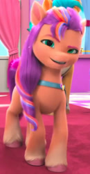 Size: 540x1041 | Tagged: safe, screencap, hitch trailblazer, sparky sparkeroni, sunny starscout, dragon, earth pony, pony, a little horse, g5, my little pony: make your mark, my little pony: make your mark chapter 4, spoiler:g5, spoiler:my little pony: make your mark, cropped, dreamworks face, faic, female, mane stripe sunny, offscreen character, solo focus