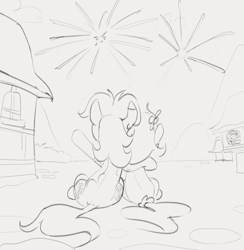 Size: 1287x1318 | Tagged: safe, artist:dotkwa, oc, oc only, oc:deary dots, oc:kayla, earth pony, pony, duo focus, facing away, female, filly, fireworks, foal, gray background, grayscale, mare, monochrome, simple background