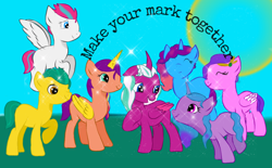 Size: 1164x720 | Tagged: safe, artist:misty arcana(eva.zz), hitch trailblazer, izzy moonbow, misty brightdawn, opaline arcana, pipp petals, sunny starscout, zipp storm, alicorn, earth pony, pegasus, pony, unicorn, g5, a better ending for opaline arcana, mane five, mane six (g5), race swap, rebirth misty, sunnycorn