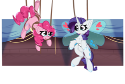 Size: 4000x2700 | Tagged: safe, artist:jubyskylines, pinkie pie, rarity, earth pony, pony, unicorn, g4, chest fluff, duo, duo female, ear fluff, fake wings, female, high res, mare, ropes, suspended, tangled up