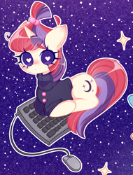 Size: 1521x1998 | Tagged: safe, artist:arwencuack, moondancer, pony, unicorn, g4, clothes, commission, computer mouse, cute, dancerbetes, heart, heart eyes, keyboard, solo, space, sweater, wingding eyes