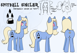 Size: 3196x2223 | Tagged: safe, artist:reponer, derpibooru exclusive, oc, oc only, oc:spitball sinclair, earth pony, pony, blue fur, cutie mark, earth pony oc, high res, inkwell, long hair, pink eyes, reference sheet, white hair