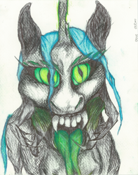 Size: 6566x8316 | Tagged: safe, artist:quizaro, queen chrysalis, g4, creepy, glowing, glowing horn, horn, mandibles, mawshot, open mouth, sharp teeth, solo, teeth, tongue out, traditional art