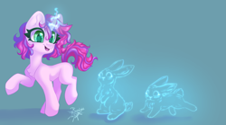 Size: 5977x3319 | Tagged: safe, artist:jsunlight, oc, oc:melody (melodylibris), pony, rabbit, unicorn, animal, bunny ears, concave belly, glowing, glowing horn, horn, magic, smiling, solo