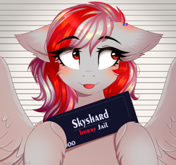 Size: 1600x1500 | Tagged: safe, artist:2pandita, oc, oc only, oc:skyshard melody, pegasus, pony, :p, blushing, commission, cute, ear piercing, earring, female, horny jail, jewelry, mare, mugshot, piercing, red eyes, red hair, silly, solo, tongue out, white hair, wings, ych result