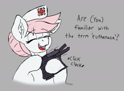 Size: 1539x1126 | Tagged: safe, artist:reddthebat, nurse redheart, earth pony, pony, g4, (you), bust, dialogue, ear fluff, euthanasia, eyebrows, eyebrows visible through hair, female, glasses, glock, gray background, gun, handgun, hoof hold, hoofgun, mare, onomatopoeia, open mouth, open smile, pistol, simple background, smiling, solo, sternocleidomastoid, weapon