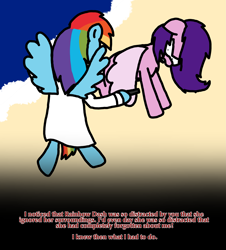 Size: 3023x3351 | Tagged: safe, artist:professorventurer, pipp petals, rainbow dash, oc, oc:enrique, pegasus, pony, fanfic:rainbow factory, series:ask pippamena, g5, different angle, fanfic art, female, flashback, high angle, high res, mare, pippamena, rainbow factory dash, walking