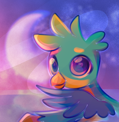 Size: 804x826 | Tagged: safe, artist:lanlanlc, gallus, griffon, g4, crescent moon, galaxy, happy face, male, moon, night, ocean, solo, spread wings, stars, water, wide eyes, wings