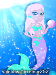 Size: 1536x2048 | Tagged: safe, artist:rainbowstarcolour262, oc, oc only, oc:zina pearl, mermaid, equestria girls, g4, bare shoulders, base used, belly button, belly piercing, bellyring, bra, bubble, crepuscular rays, ear piercing, earring, eyeshadow, female, fish tail, hand on hip, jewelry, lens flare, makeup, mermaid tail, mermaidized, obtrusive watermark, ocean, pearl, piercing, purple eyes, seashell bra, signature, solo, sparkles, species swap, strapless bra, sunlight, swimming, tail, underwater, water, watermark
