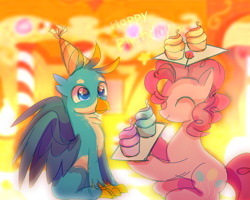 Size: 3000x2396 | Tagged: artist needed, source needed, safe, gallus, pinkie pie, earth pony, griffon, pony, g4, cupcake, duo, female, food, happy birthday, high res, male