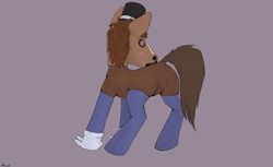 Size: 4261x2600 | Tagged: safe, artist:noxvull, oc, oc:ghio, earth pony, pony, blushing, brown coat, brown mane, butt, clothes, gloves, gray background, hat, hoers mask, mask, plot, simple background, socks, solo, stockings, thigh highs, top hat
