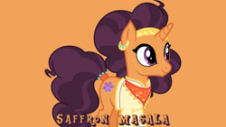 Size: 1920x1080 | Tagged: safe, artist:magister39, edit, editor:jaredking779, saffron masala, pony, unicorn, g4, bandana, clothes, ear piercing, earring, female, jewelry, mare, orange background, piercing, simple background, solo