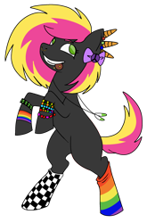 Size: 1340x2032 | Tagged: safe, artist:reponer, pony, unicorn, bipedal, black fur, blank flank, bracelet, clothes, colorful, emo, eyestrain warning, horn, jewelry, looking up, missing cutie mark, multiple horns, necklace, neon, pride, rainbow socks, simple background, socks, solo, standing, striped socks, tongue out, transparent background
