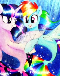 Size: 2322x2952 | Tagged: safe, artist:liaaqila, rainbow dash, twilight sparkle, alicorn, pegasus, pony, seapony (g4), g4, bubble, clothes, commission, crepuscular rays, dorsal fin, duo, duo female, female, fin, fin wings, fins, fish tail, flowing mane, flowing tail, high res, horn, lesbian, looking at each other, looking at someone, mare, ocean, open mouth, open smile, scales, seaponified, seapony rainbow dash, seapony twilight, see-through, ship:twidash, shipping, smiling, smiling at each other, species swap, spread wings, sunlight, swimming, tail, traditional art, underwater, water, wings