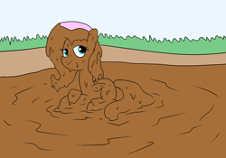 Size: 2000x1400 | Tagged: safe, artist:amateur-draw, fluttershy, pegasus, pony, g4, covered in mud, looking at you, lying down, mud, mud bath, mud play, mud pony, muddy, simple background, solo, wet and messy
