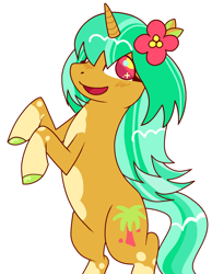 Size: 1876x2422 | Tagged: safe, artist:reponer, pony, unicorn, bipedal, flower, flower in hair, flowing mane, rearing, simple background, smiling, solo, standing, standing on two hooves, tropical, white background